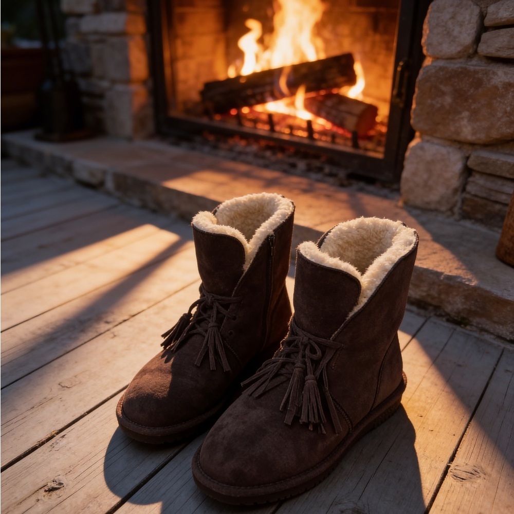 BearPaw Chocolate Suede Ankle Boots with Plush Lining